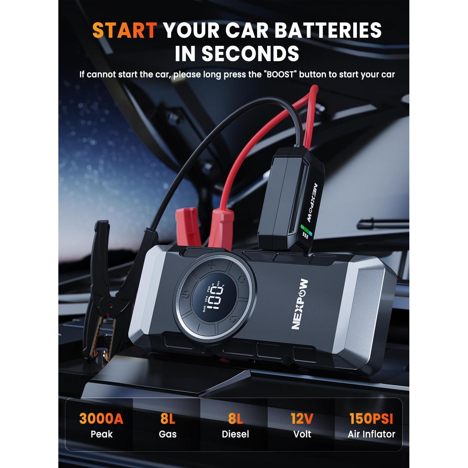 NEXPOW Arrancador de Batería 3000A con Compresor 150PSI
