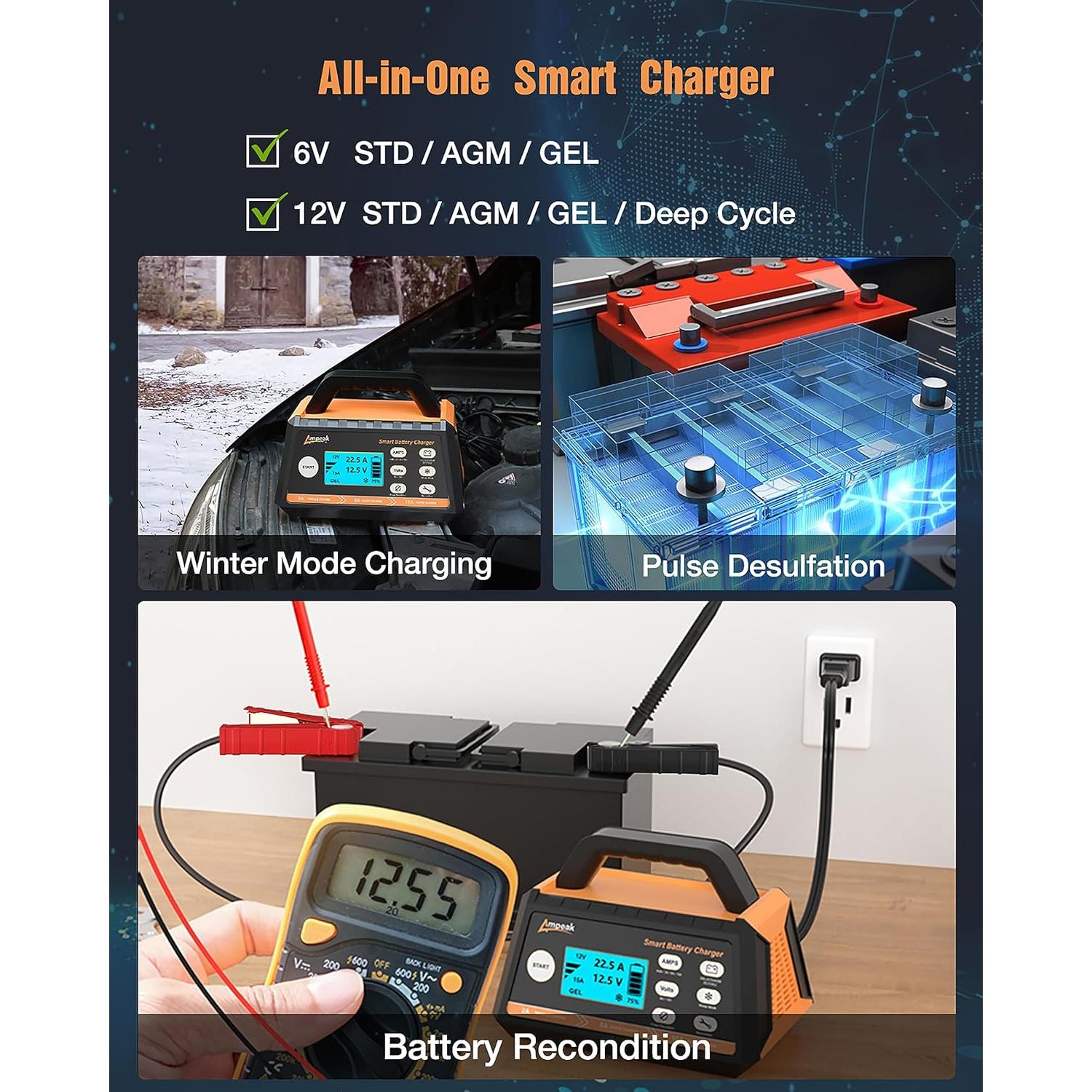 Cargador de Batería Ampeak 15A 6V/12V Inteligente Automático