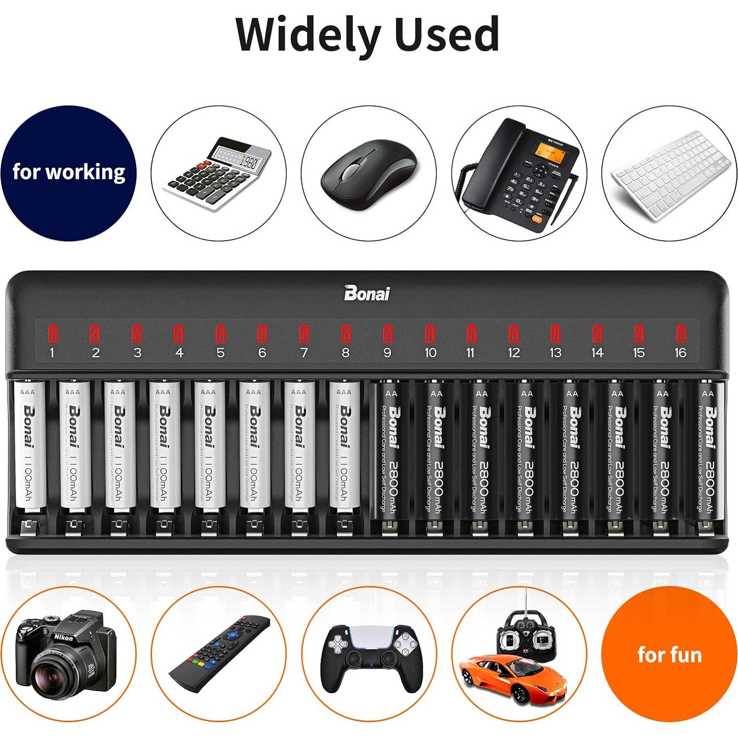 Cargador de Baterías Bonai 16 Bahías AA AAA NiMH NiCD