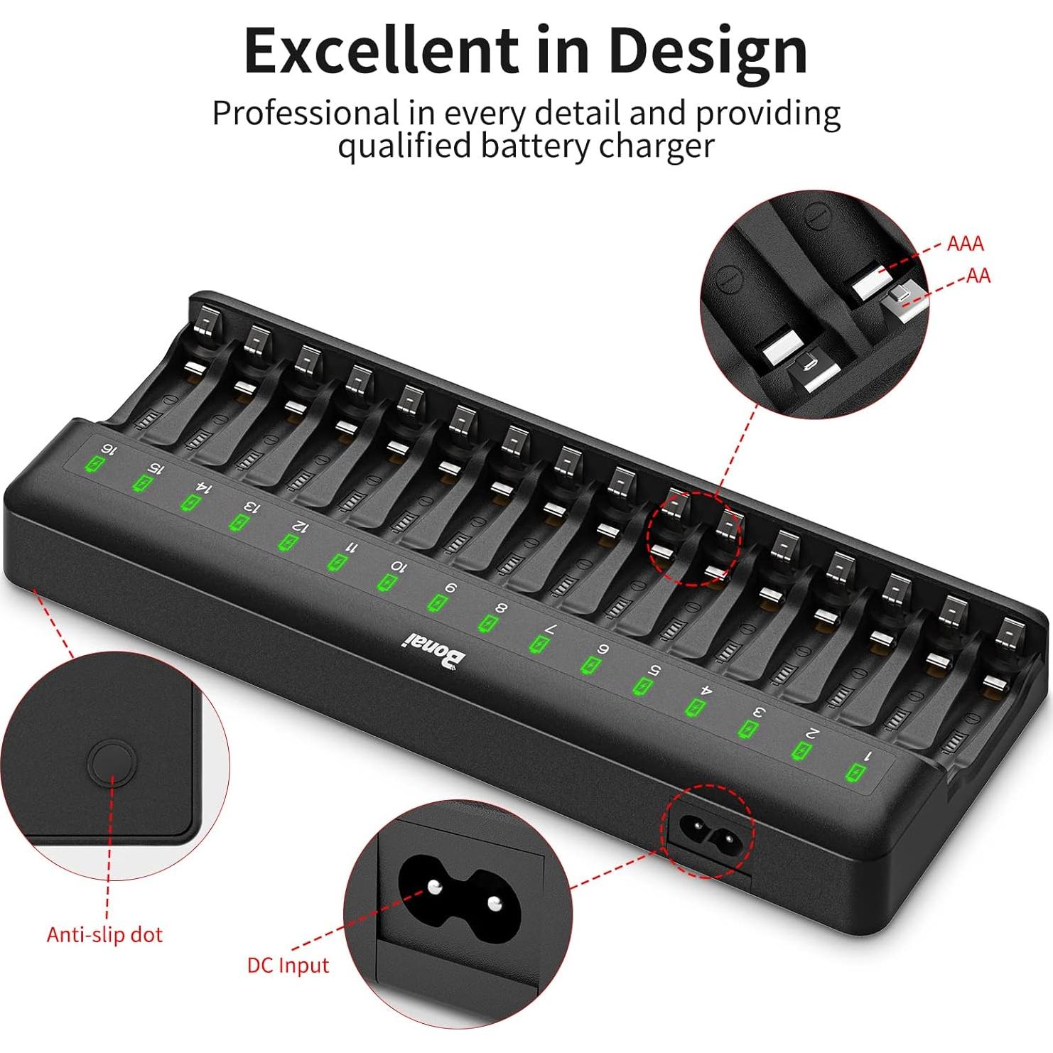 Cargador de Baterías Bonai 16 Bahías AA AAA NiMH NiCD