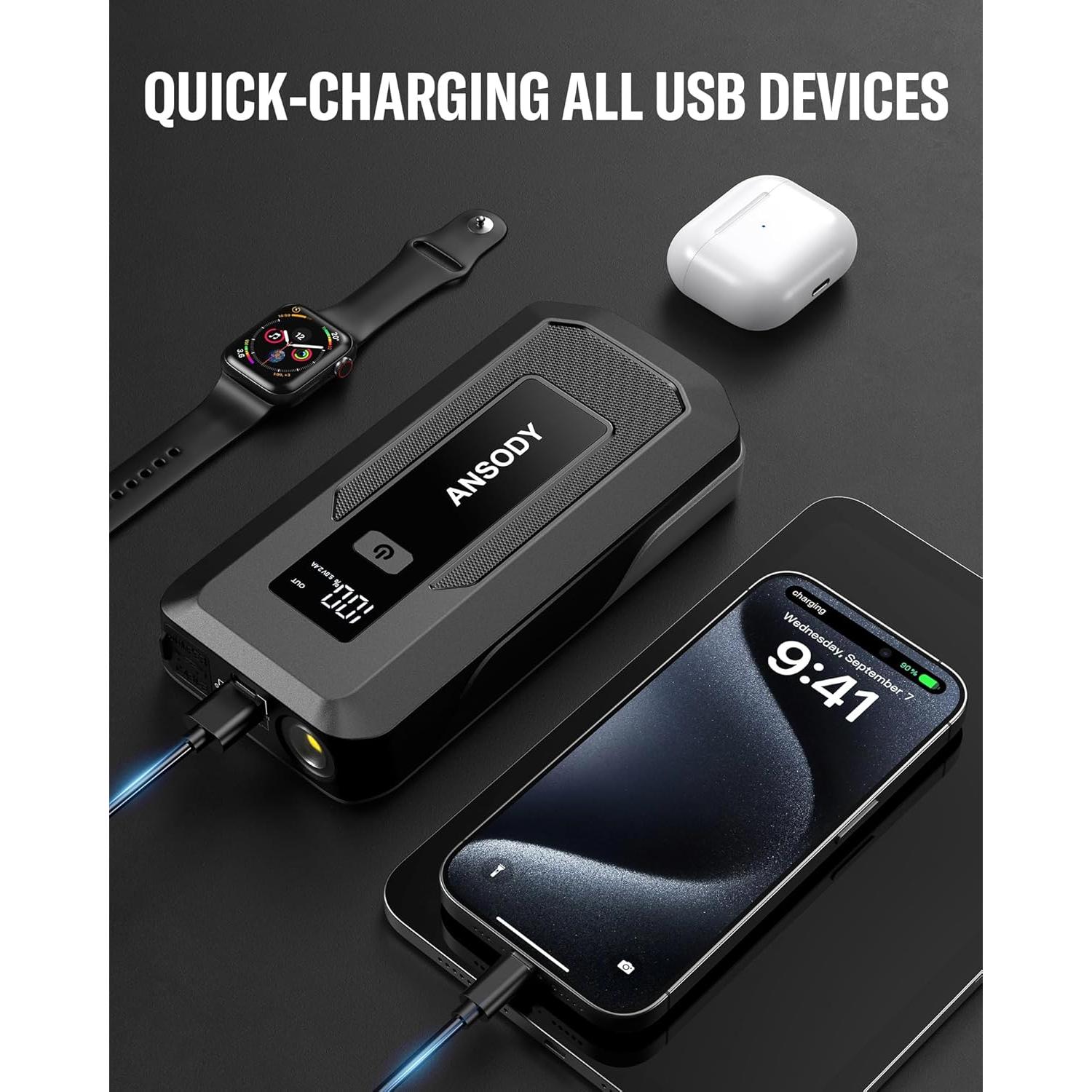 Arrancador de Coche Ansody S7 3000A con Luz LED y SOS