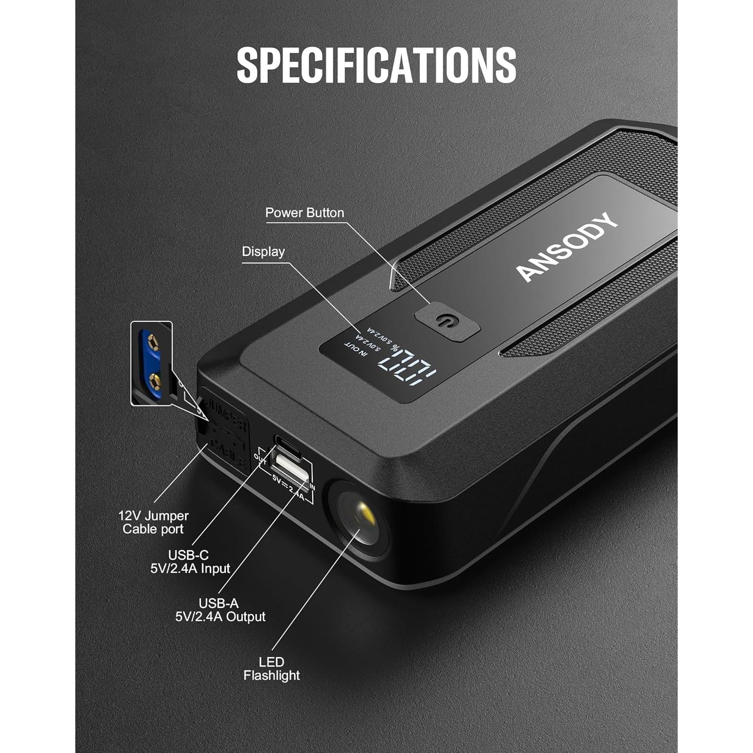 Arrancador de Coche Ansody S7 3000A con Luz LED y SOS