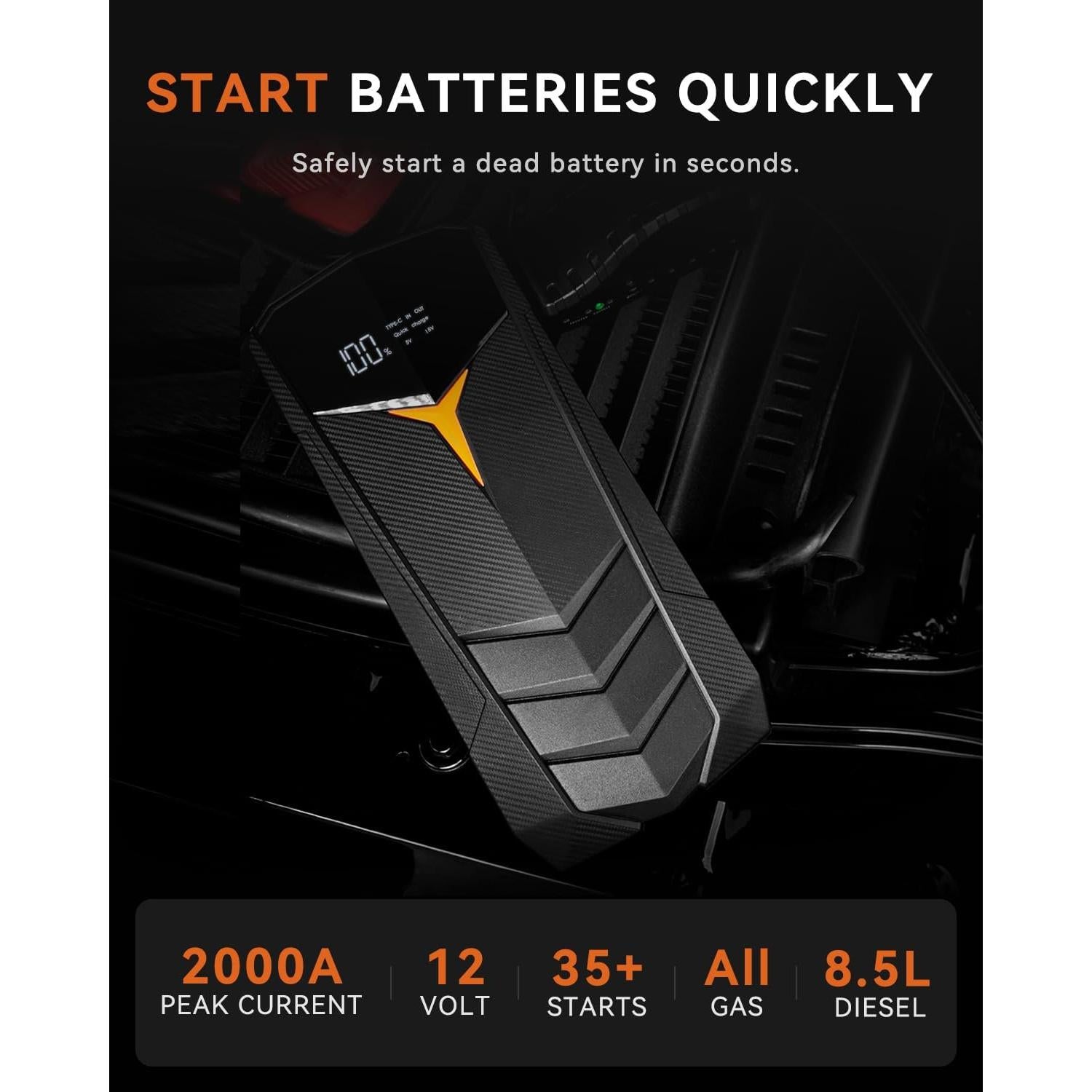 SUNPOW Arrancador de Batería de Litio 2000A 20000mAh 12V