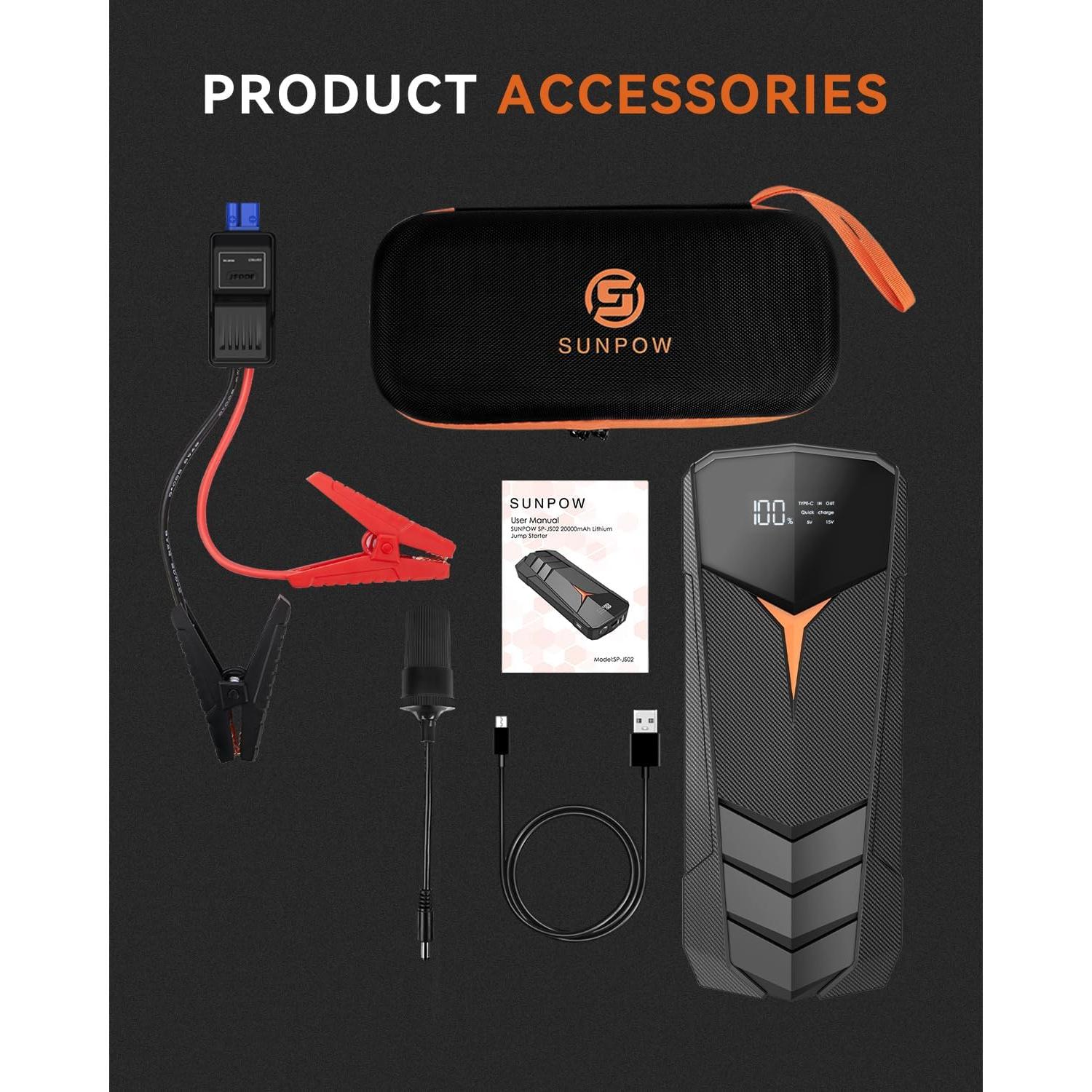 SUNPOW Arrancador de Batería de Litio 2000A 20000mAh 12V