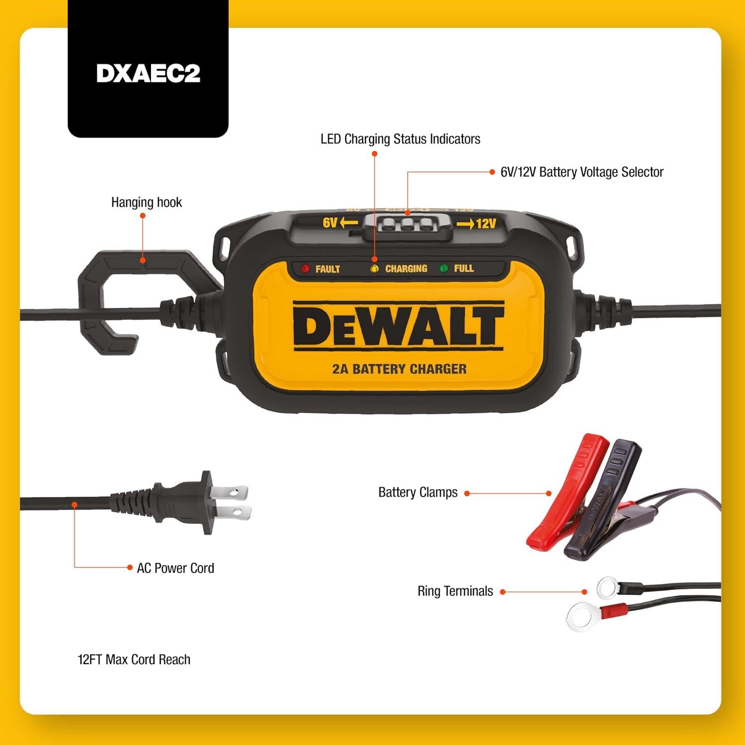 Cargador DeWalt DXAEC2 2A para Baterías 6V y 12V Amarillo