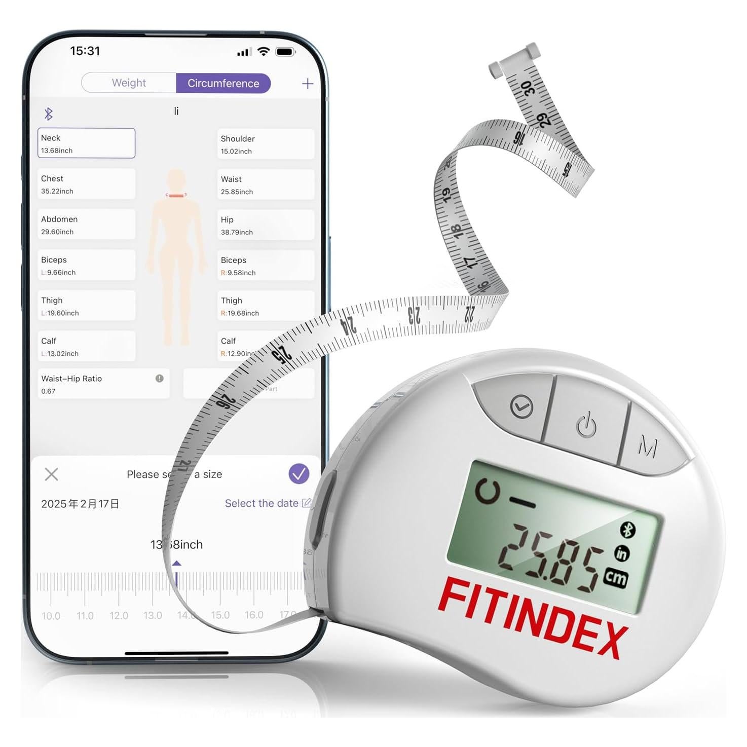 Cinta Métrica Corporal FITINDEX Bluetooth 12 Medidas Fitness