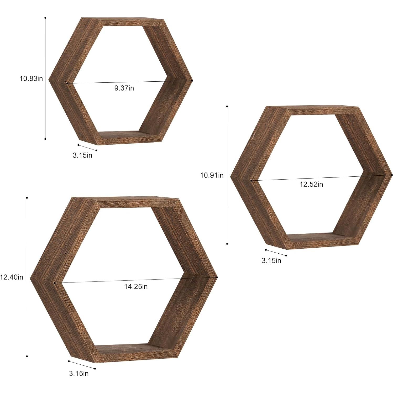 Juego de 6 Estantes Flotantes Hexagonales CADUKE - Madera Rústica