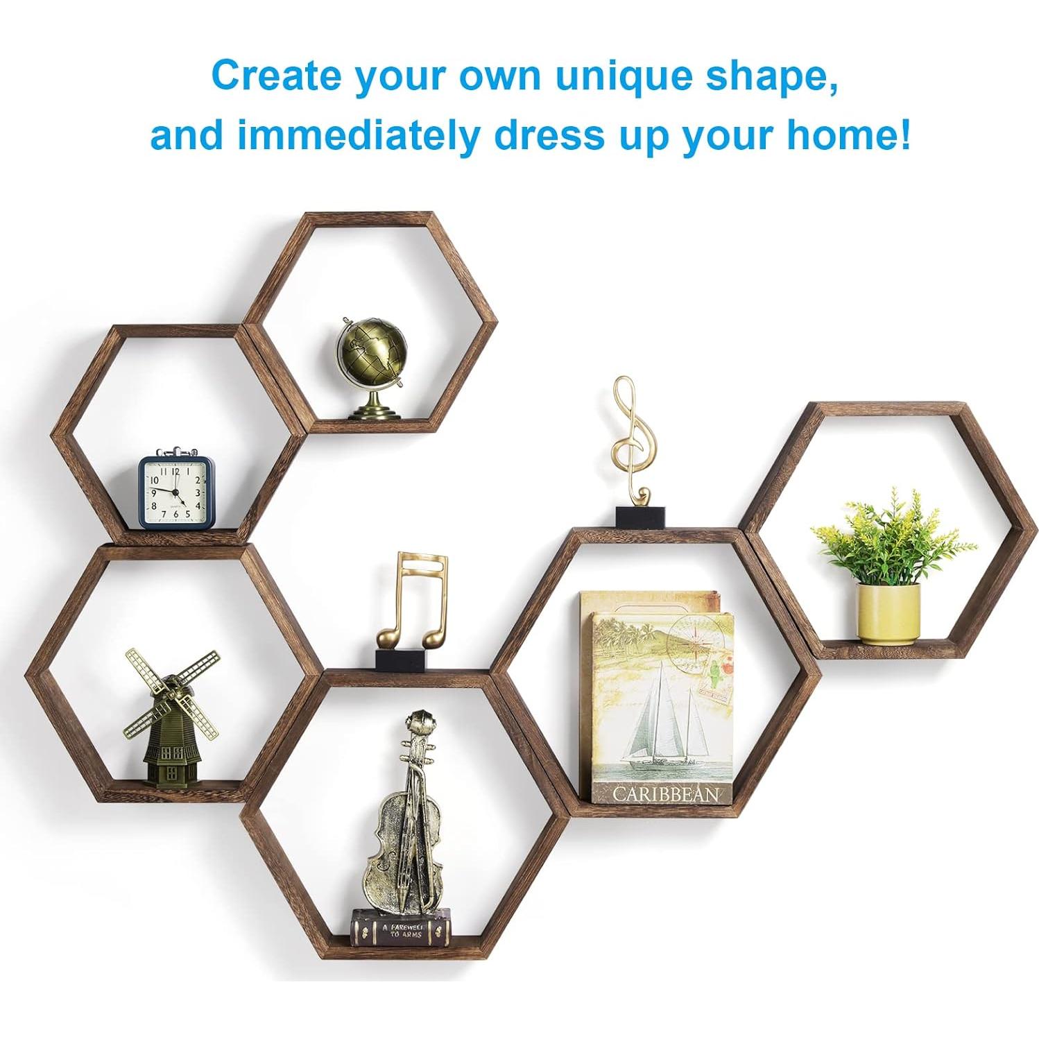 Juego de 6 Estantes Flotantes Hexagonales CADUKE - Madera Rústica