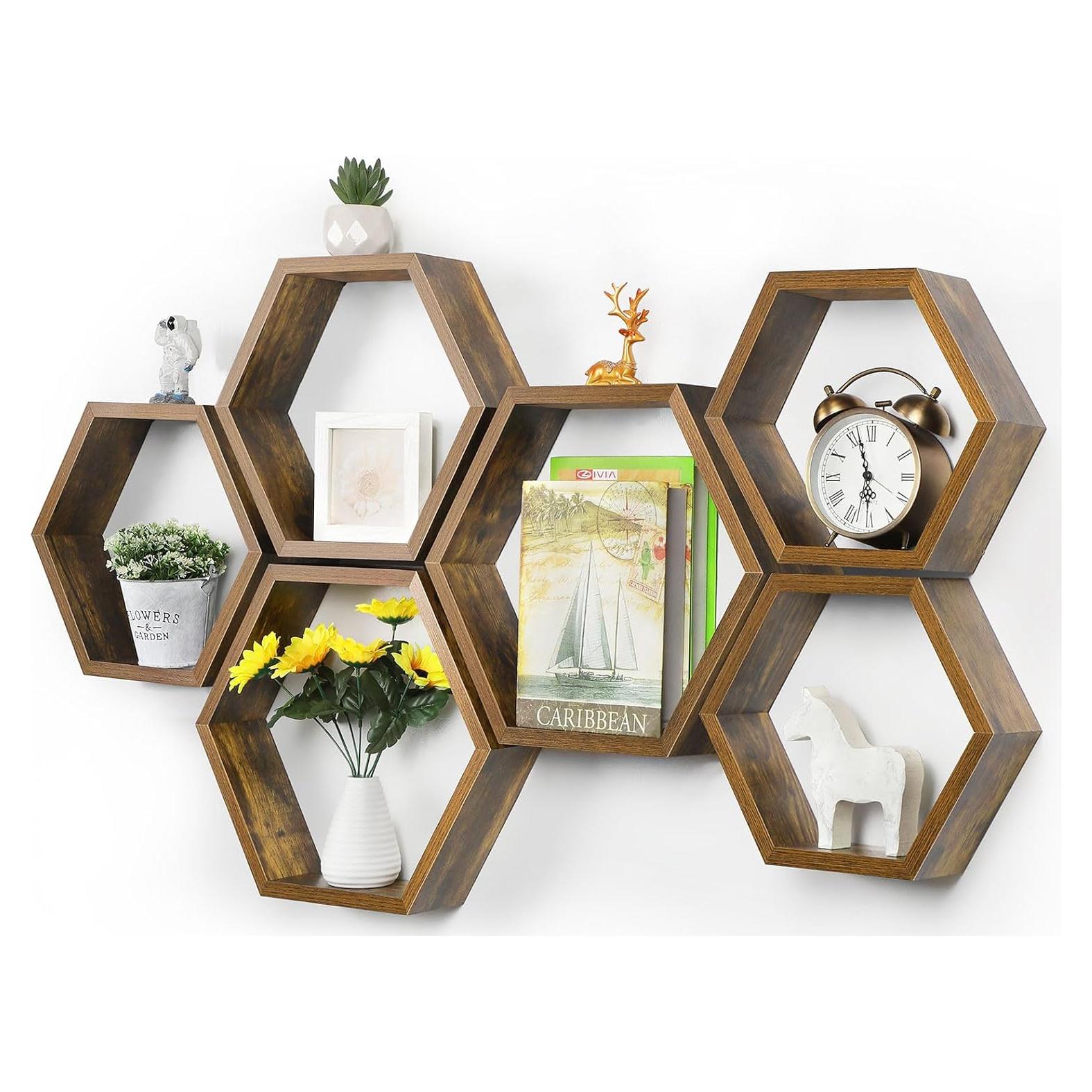 Conjunto de 6 Estantes Flotantes Hexagonales YBING MDF Marrón