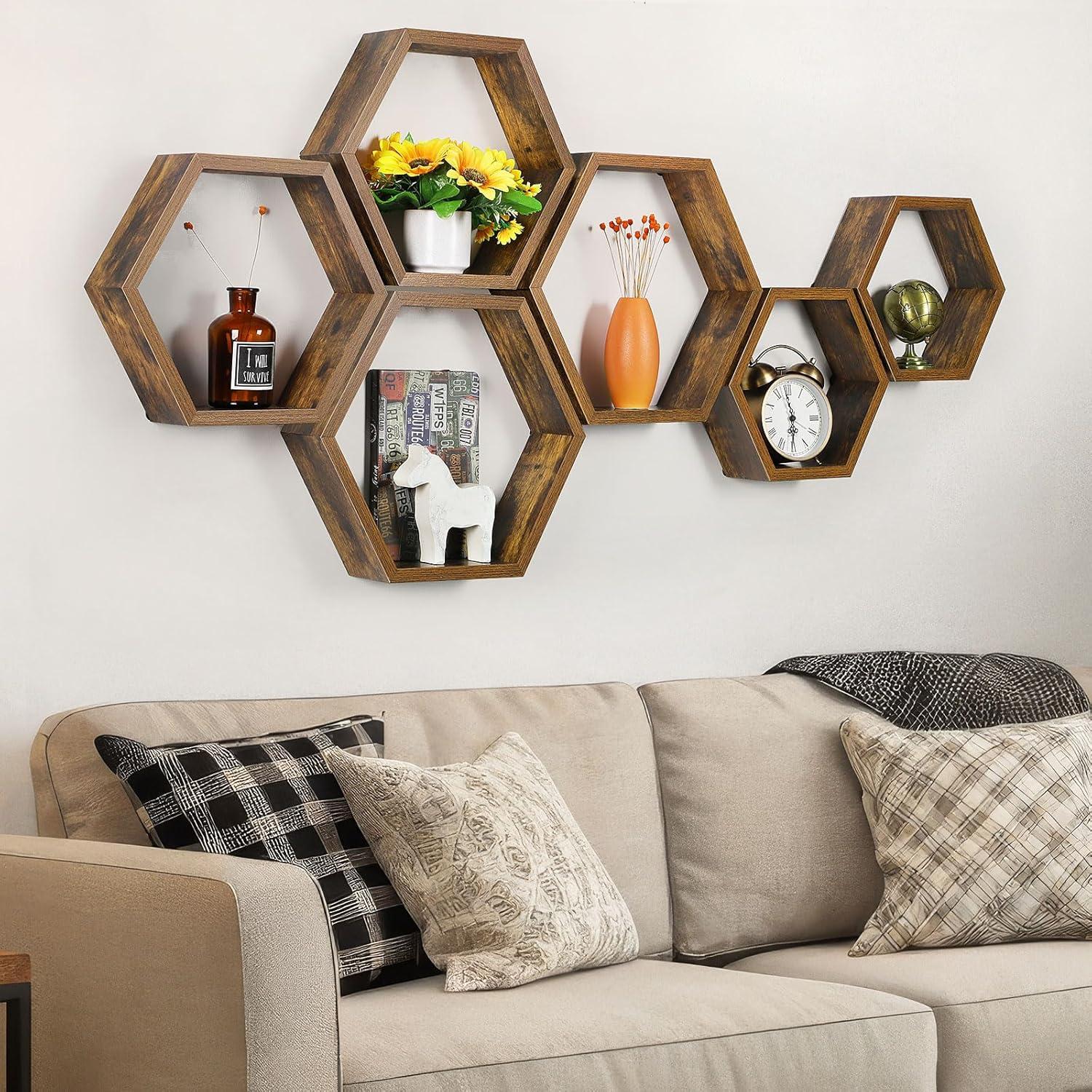 Conjunto de 6 Estantes Flotantes Hexagonales YBING MDF Marrón