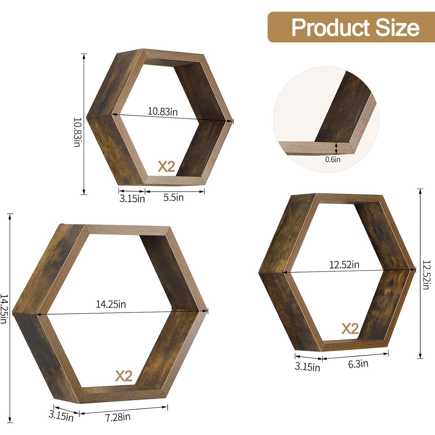 Conjunto de 6 Estantes Flotantes Hexagonales YBING MDF Marrón