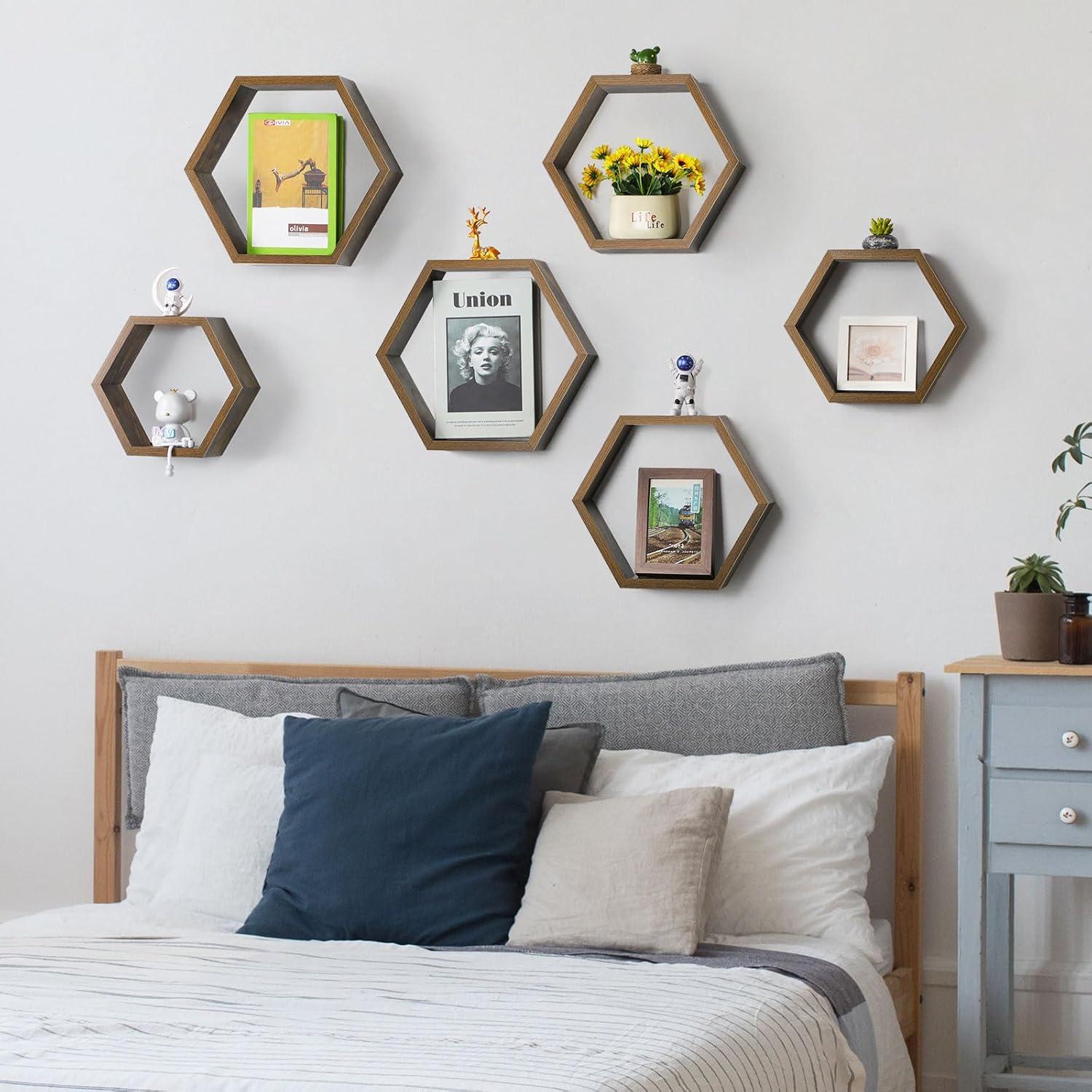 Conjunto de 6 Estantes Flotantes Hexagonales YBING MDF Marrón