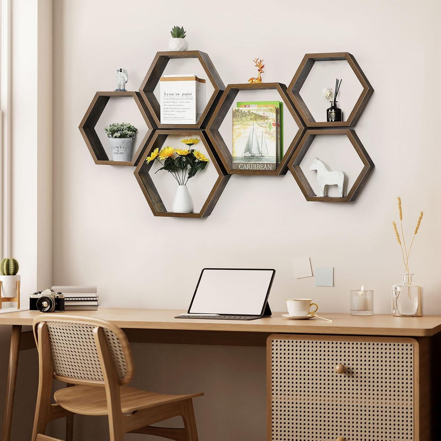 Conjunto de 6 Estantes Flotantes Hexagonales YBING MDF Marrón