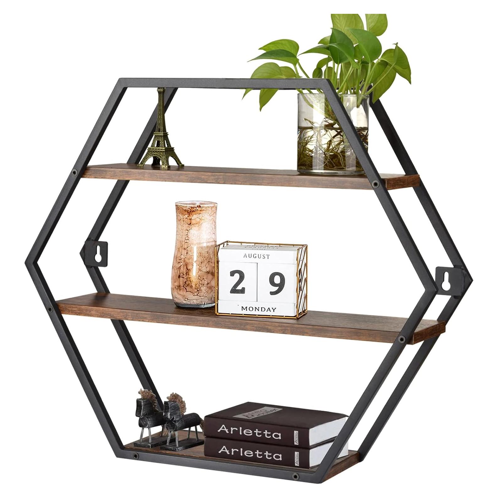 Estante Hexagonal Flotante BCOZLUX 3 Niveles Marrón Rústico