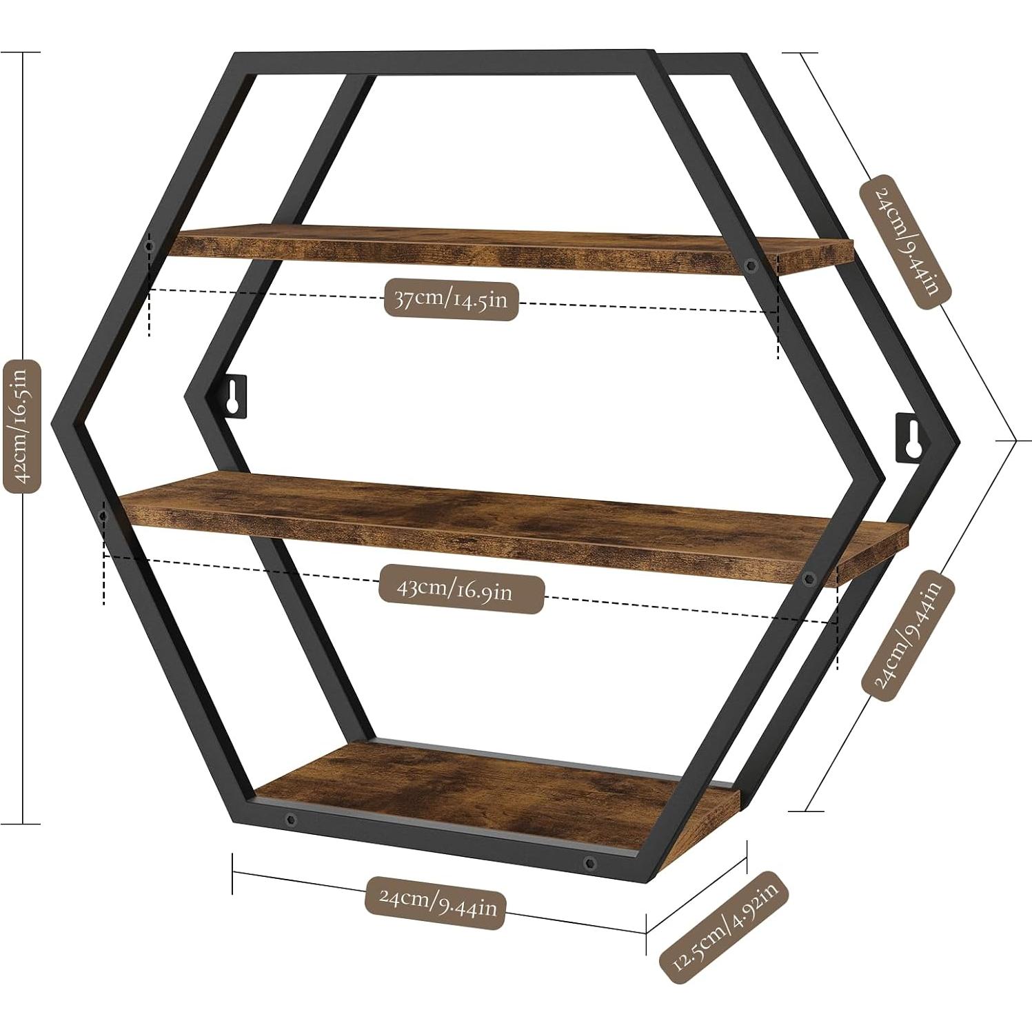 Estante Hexagonal Flotante BCOZLUX 3 Niveles Marrón Rústico