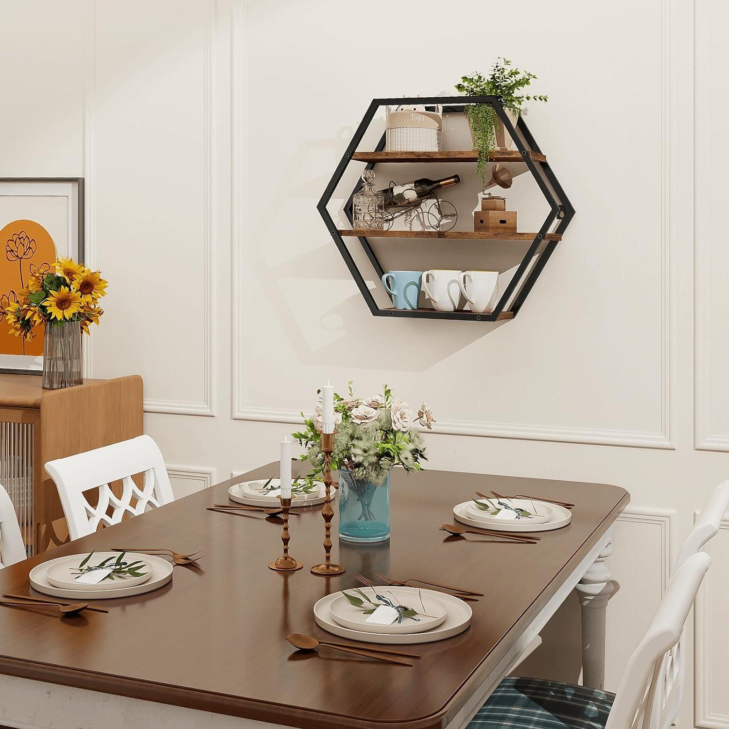 Estante Hexagonal Flotante BCOZLUX 3 Niveles Marrón Rústico