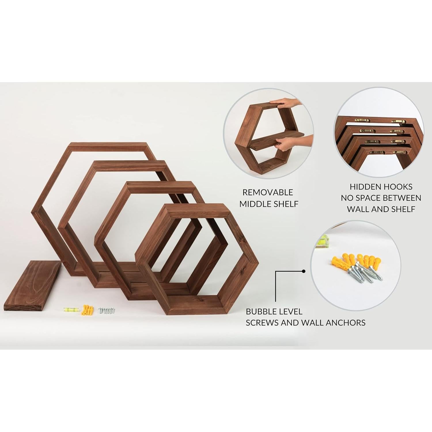 Estante Hexagonal Grande LABEND HOME Set de 4 Madera 43cm