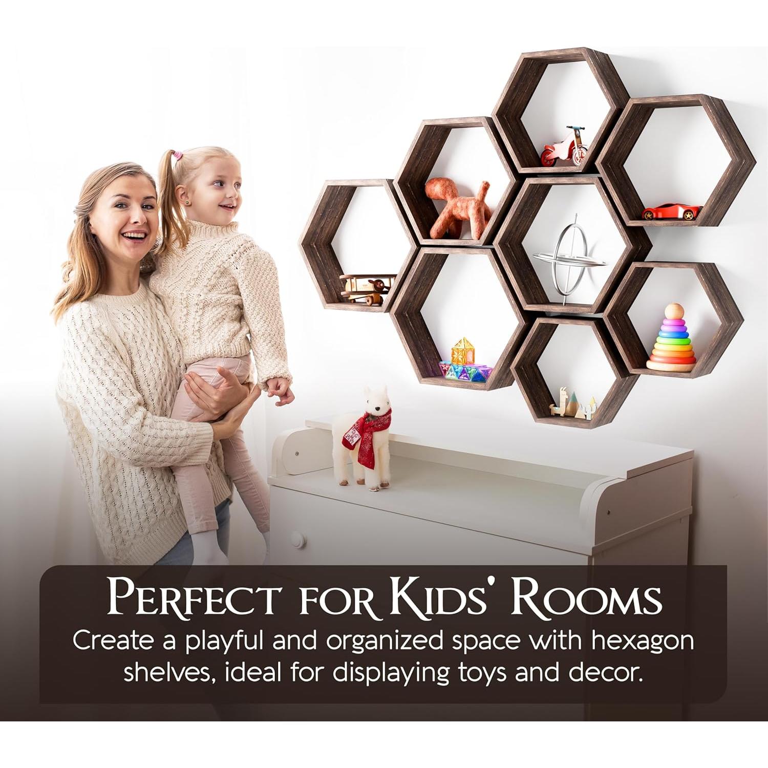 Estantes Flotantes Hexagonales Decovate 8 Unidades Madera Rústica