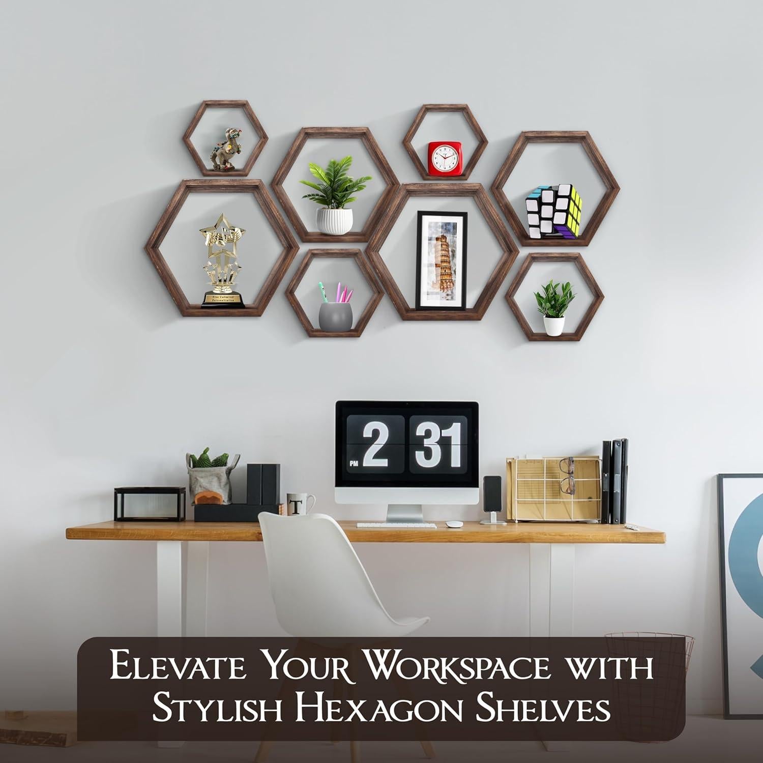 Estantes Flotantes Hexagonales Decovate 8 Unidades Madera Rústica