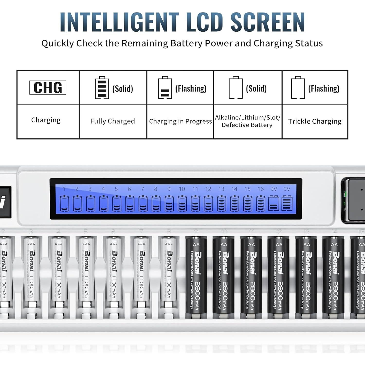 Cargador de Baterías Bonai VIP-1680C 16+2 AA AAA 9V LCD