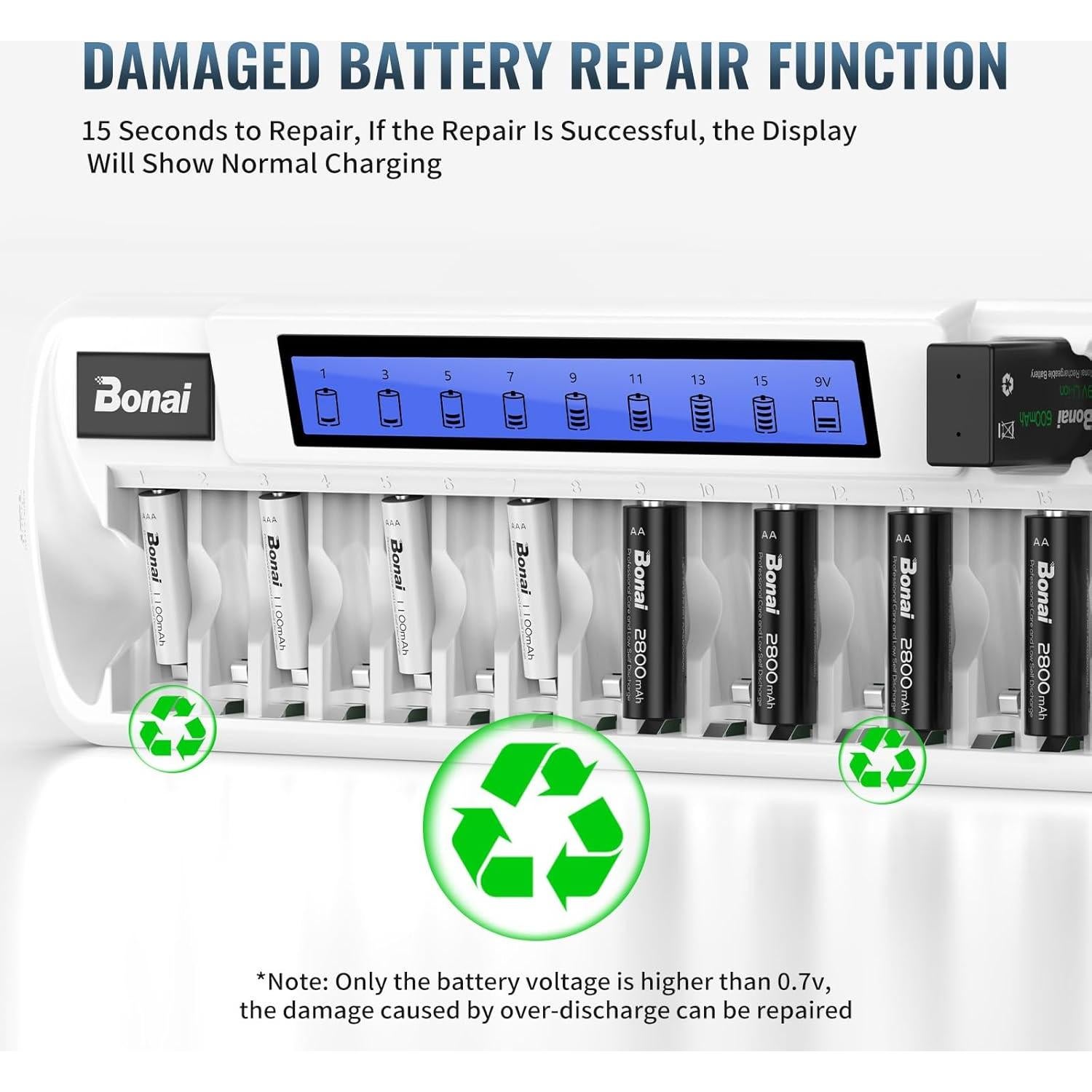 Cargador de Baterías Bonai VIP-1680C 16+2 AA AAA 9V LCD