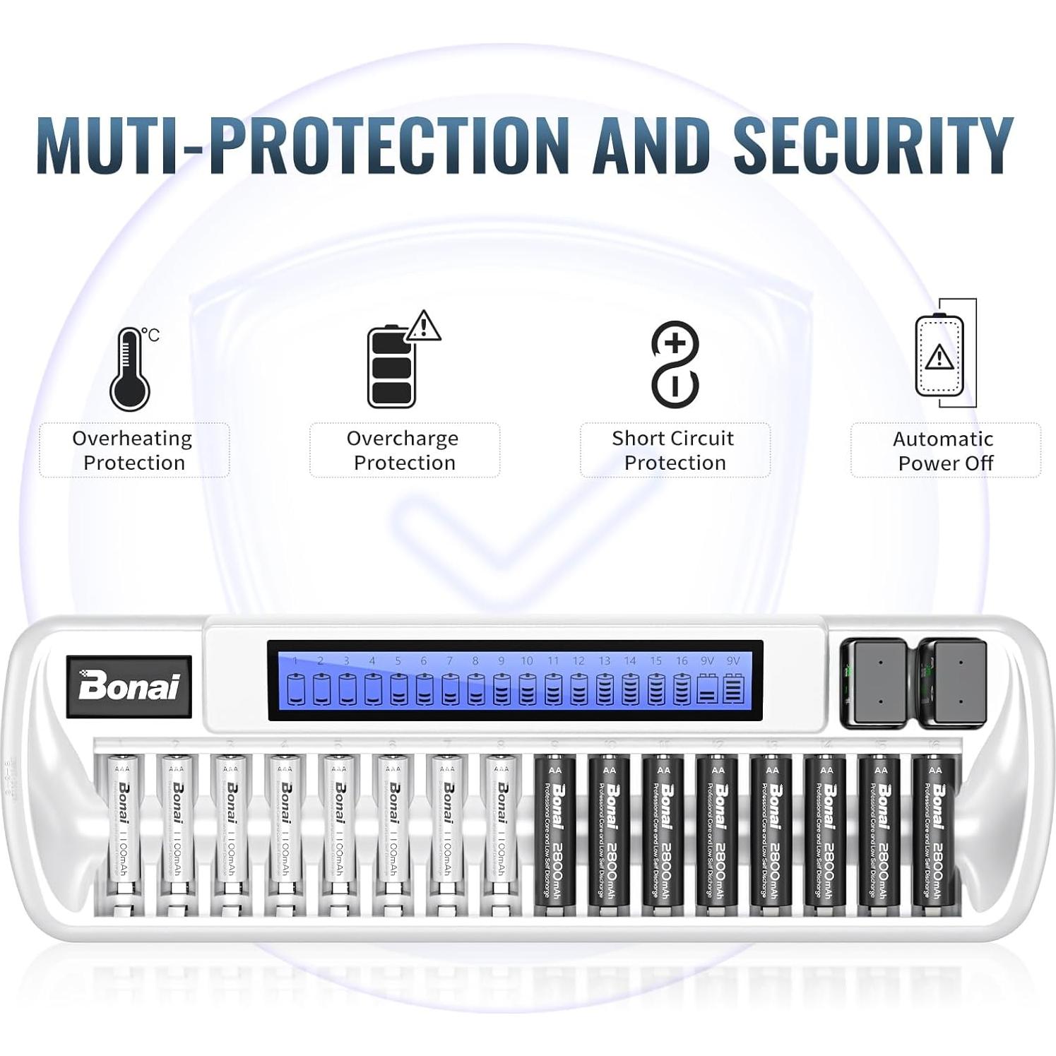 Cargador de Baterías Bonai VIP-1680C 16+2 AA AAA 9V LCD