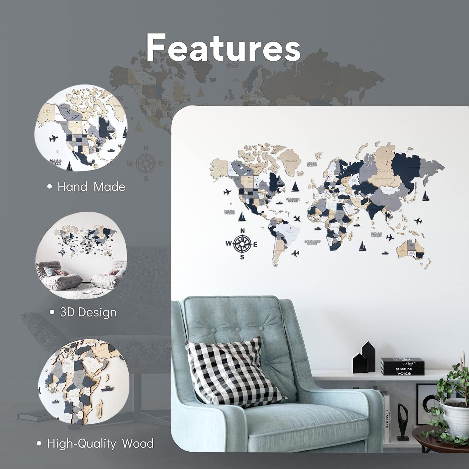 Mapa Mundial de Madera 3D WoodLeo 120x62 cm Decoración Pared