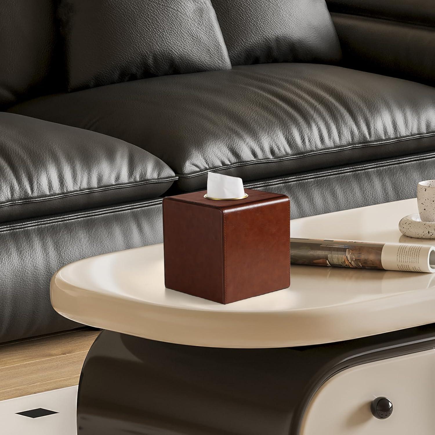 Cubierta de Caja de Tejidos Cuadrada MEIBOOCH Marrón con Cierre Magnético