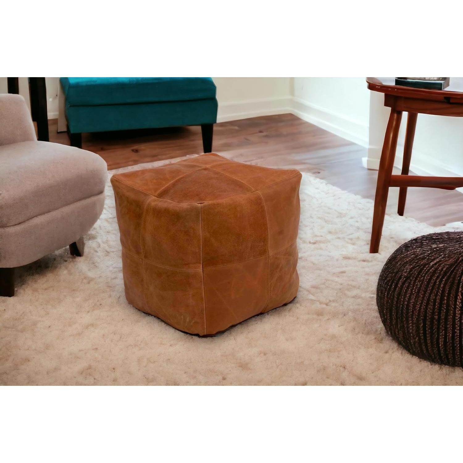 Puf Cuadrado de Cuero Genuino Rajeriya - 45.72cm - Marrón Claro