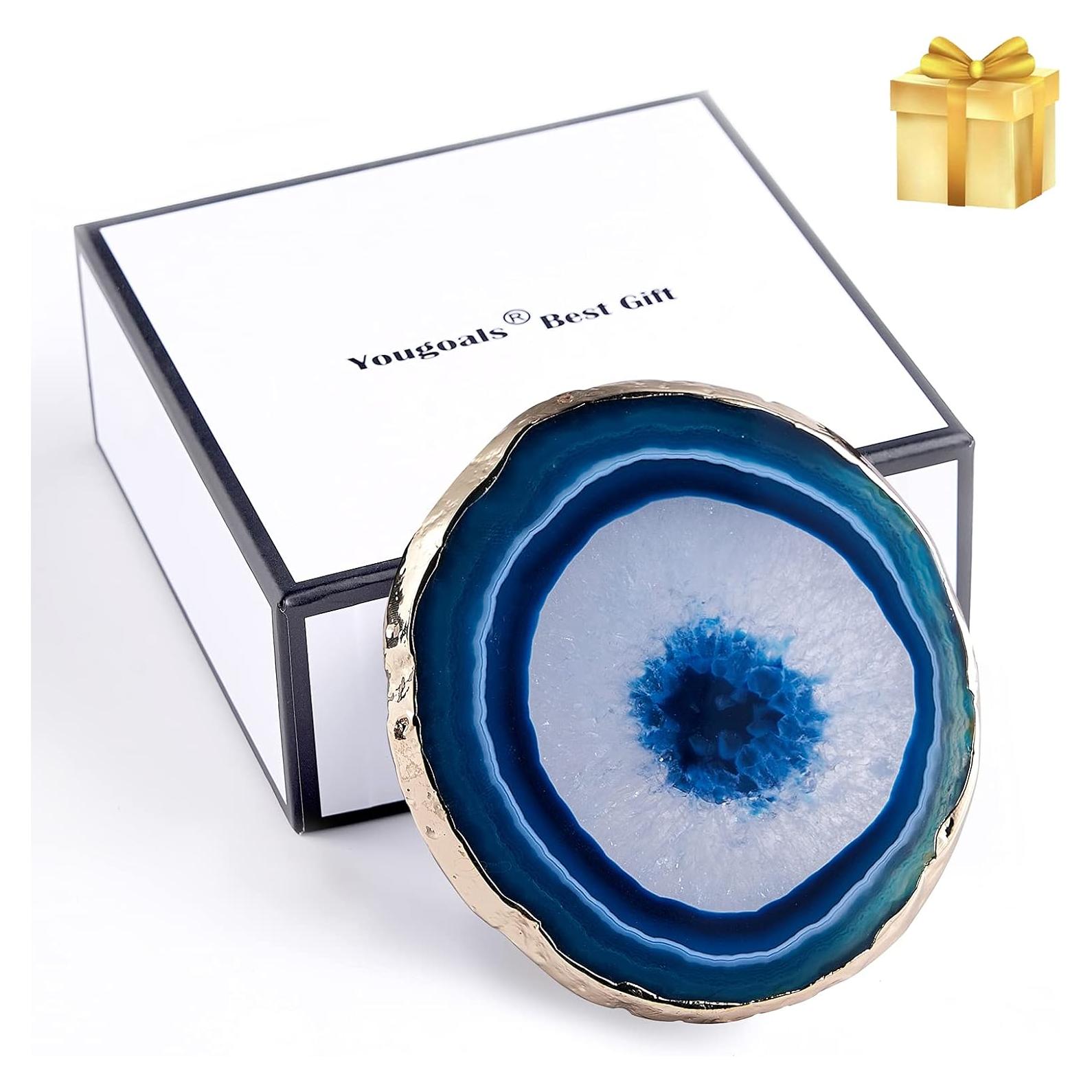 Posavasos de Ágata Azul Yougoals con Bisel Dorado 10.16 cm