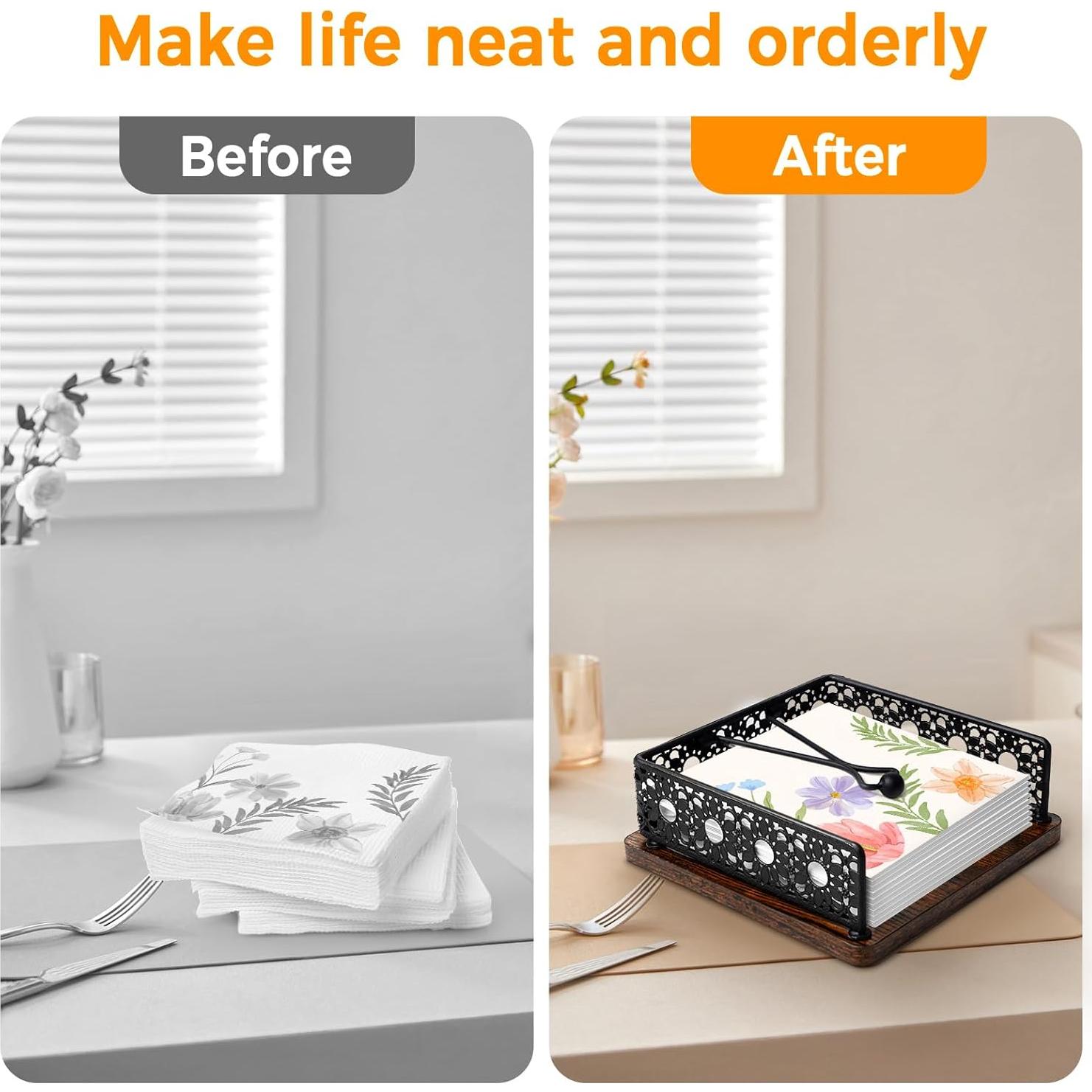 Soporte de Servilletas de Madera HALIAFANCY - Hierro Negro 20x20 cm