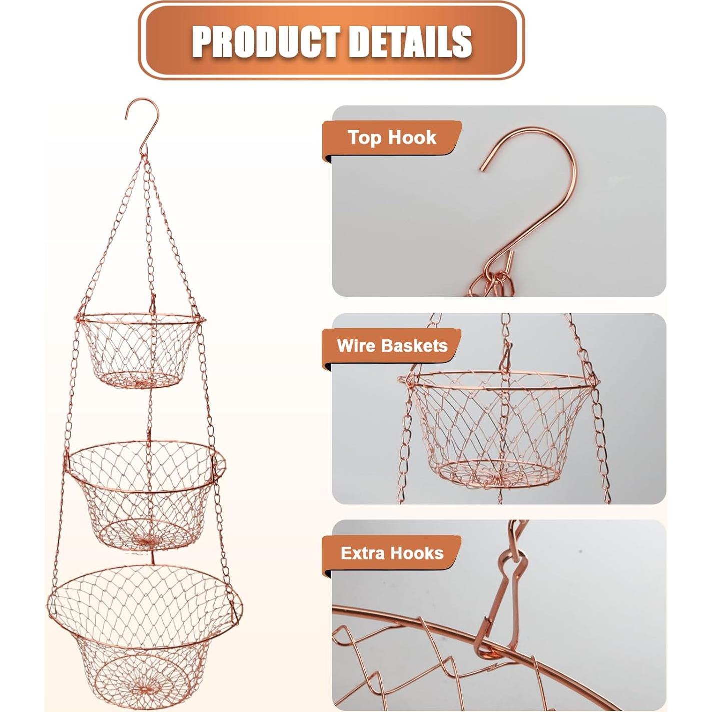 Cesta Colgante de Frutas 3 Niveles KH866 Cobre Hierro 81.28 cm