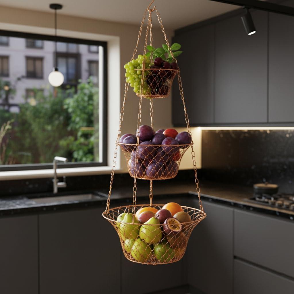 Cesta Colgante de Frutas 3 Niveles KH866 Cobre Hierro 81.28 cm
