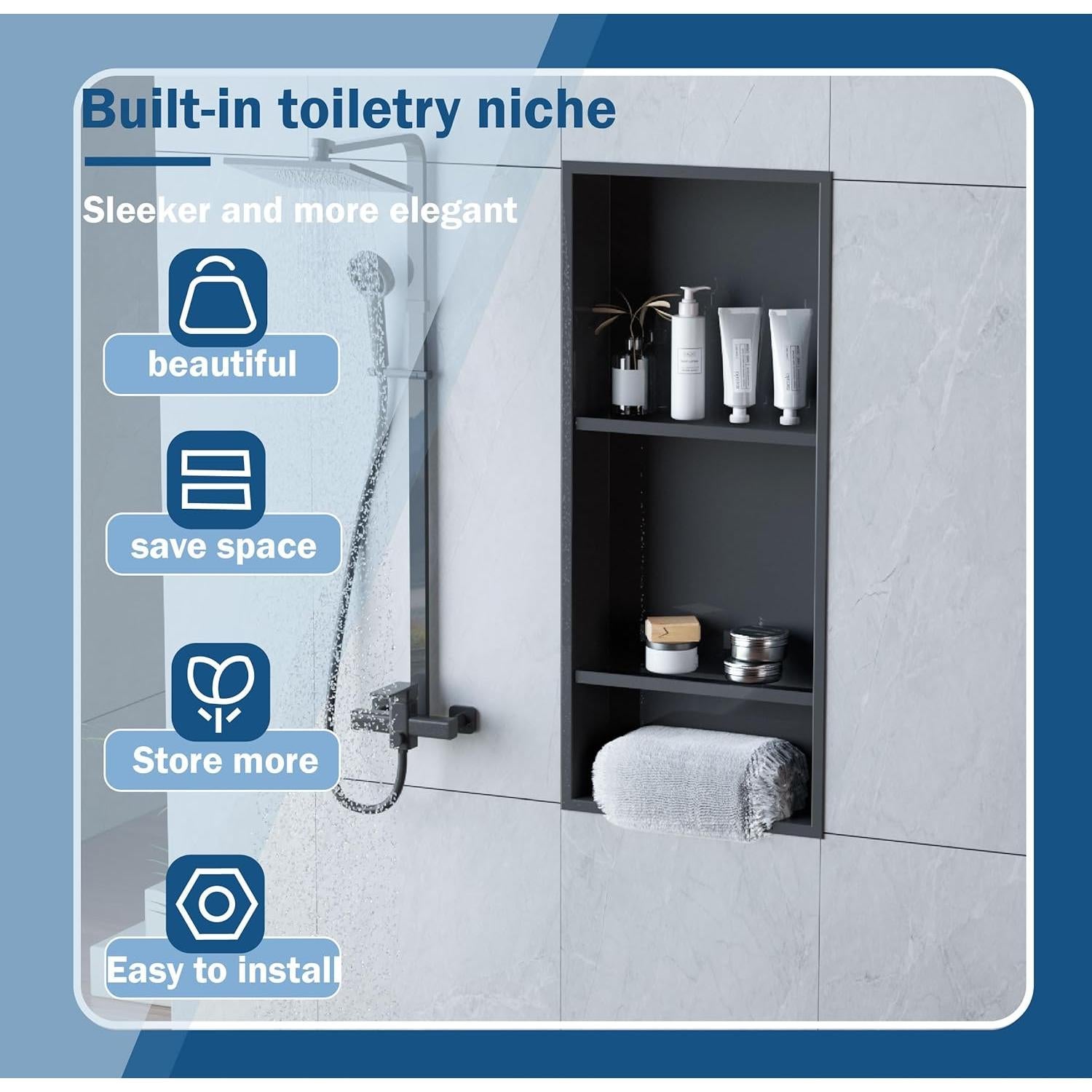 Nicho de Ducha Empotrado IKITRAEE Acero Inoxidable Negro 76.2x30.5cm