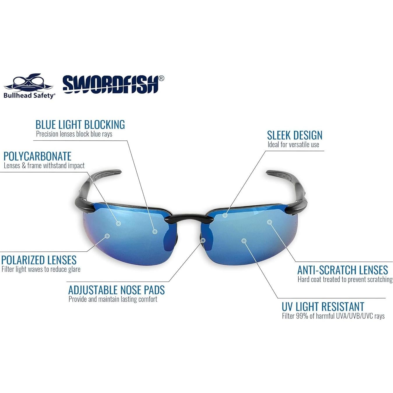 Gafas de Seguridad Polarizadas Bullhead BH106129, Lentes Espejados Azules, Antirayaduras, Protección UV