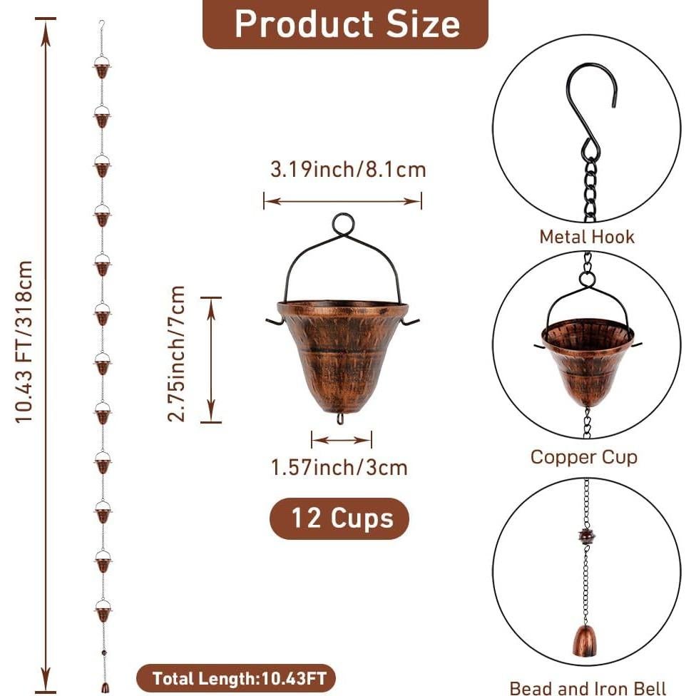 Cadena de Lluvia de Cobre Dreamysoul 3.18m con 12 Tazas