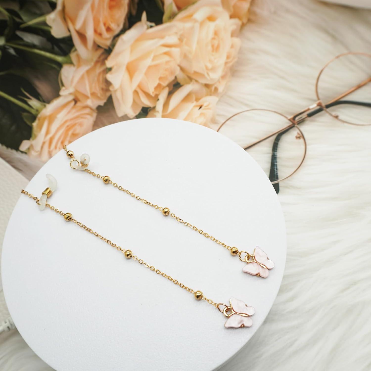 Cadena de Gafas Rosa con Mariposa y Perlas Doradas