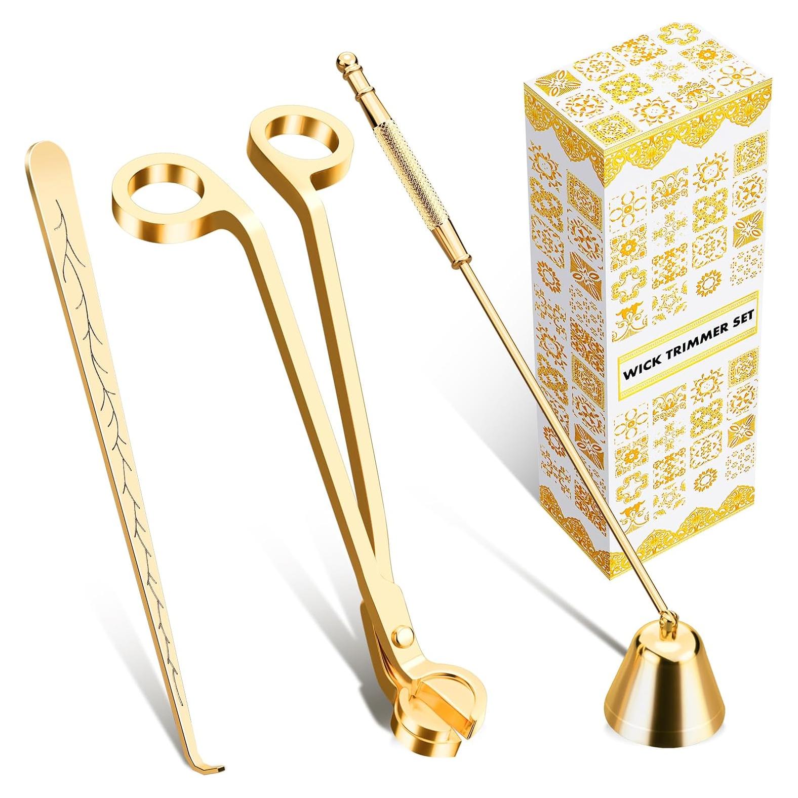 Kit de Cuidado de Velas Calary 3 en 1 - Cortador, Apagador y Sumerio Oro