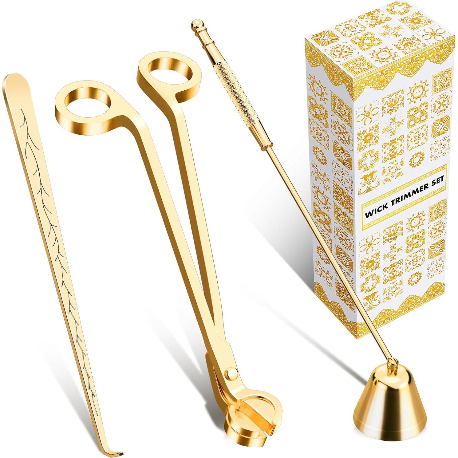 Kit de Cuidado de Velas Calary 3 en 1 - Cortador, Apagador y Sumerio Oro