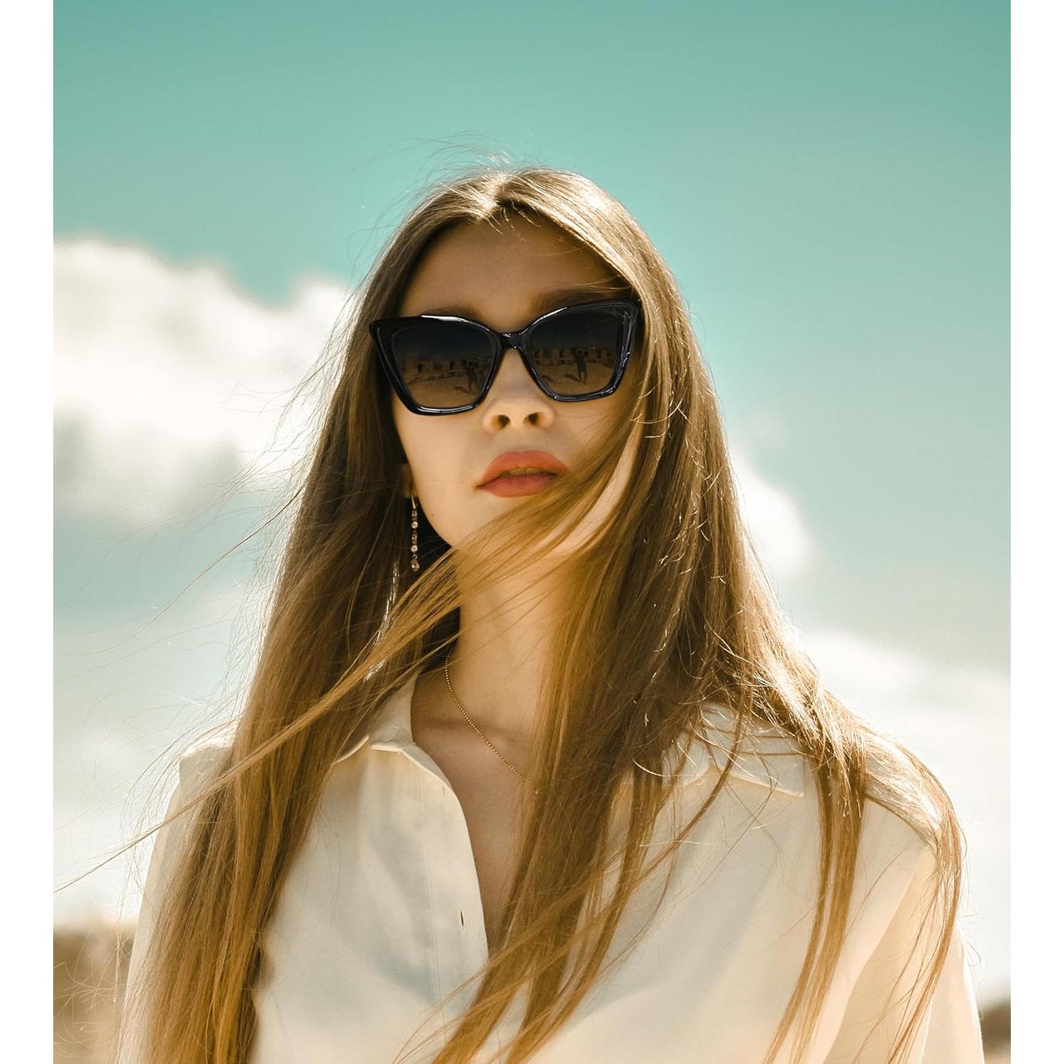 Gafas de Sol Polarizadas FEISEDY Gato Ojo para Mujeres - Negro