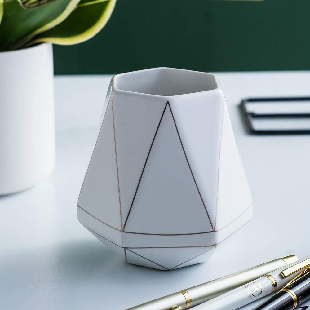 Soporte para lápices YOSCO cerámica blanca con dorado 10.9 cm