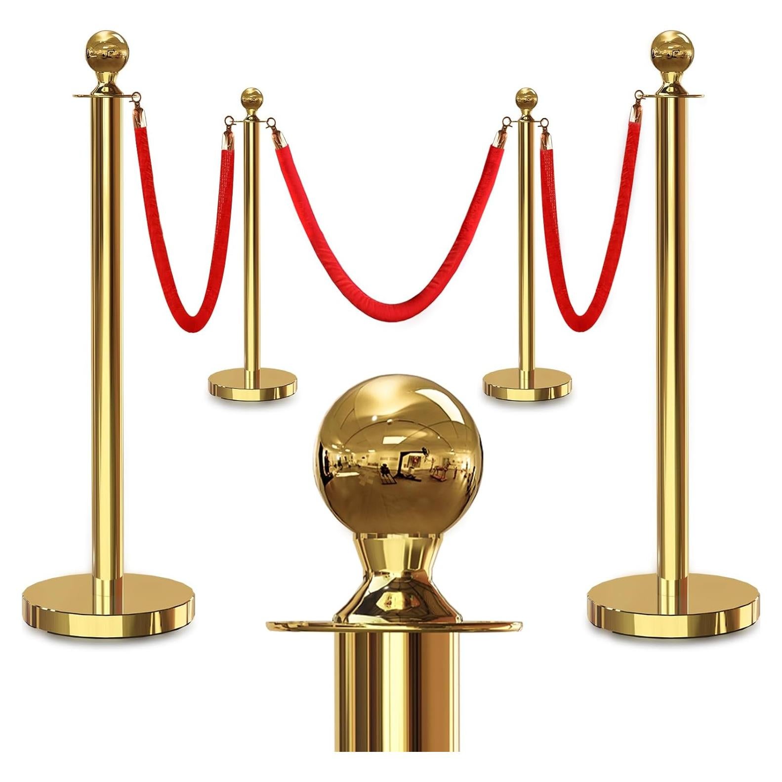 Conjunto 4 Postes Dorados con 3 Cuerdas Terciopelo Rojo 1.5m