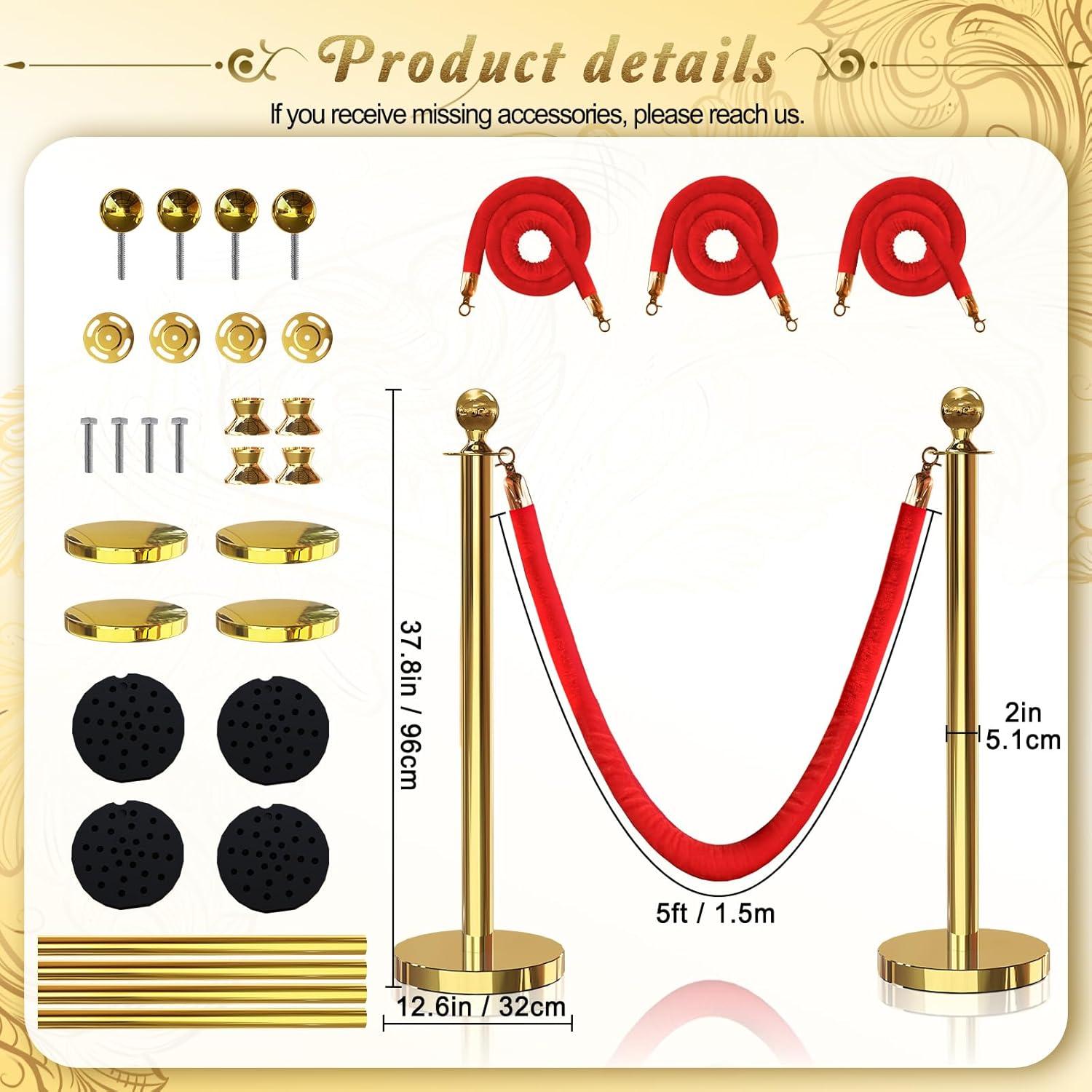 Conjunto 4 Postes Dorados con 3 Cuerdas Terciopelo Rojo 1.5m