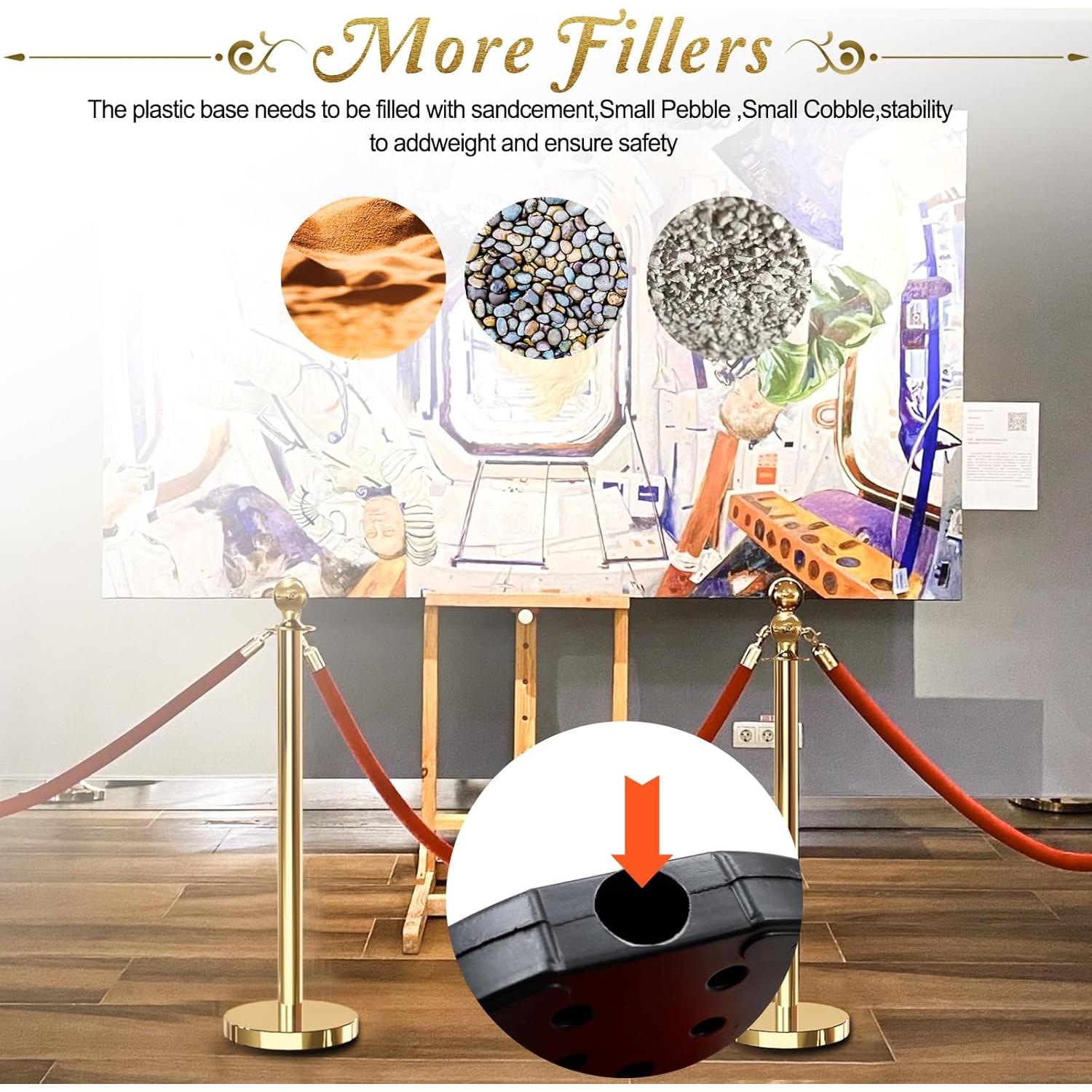 Conjunto 4 Postes Dorados con 3 Cuerdas Terciopelo Rojo 1.5m