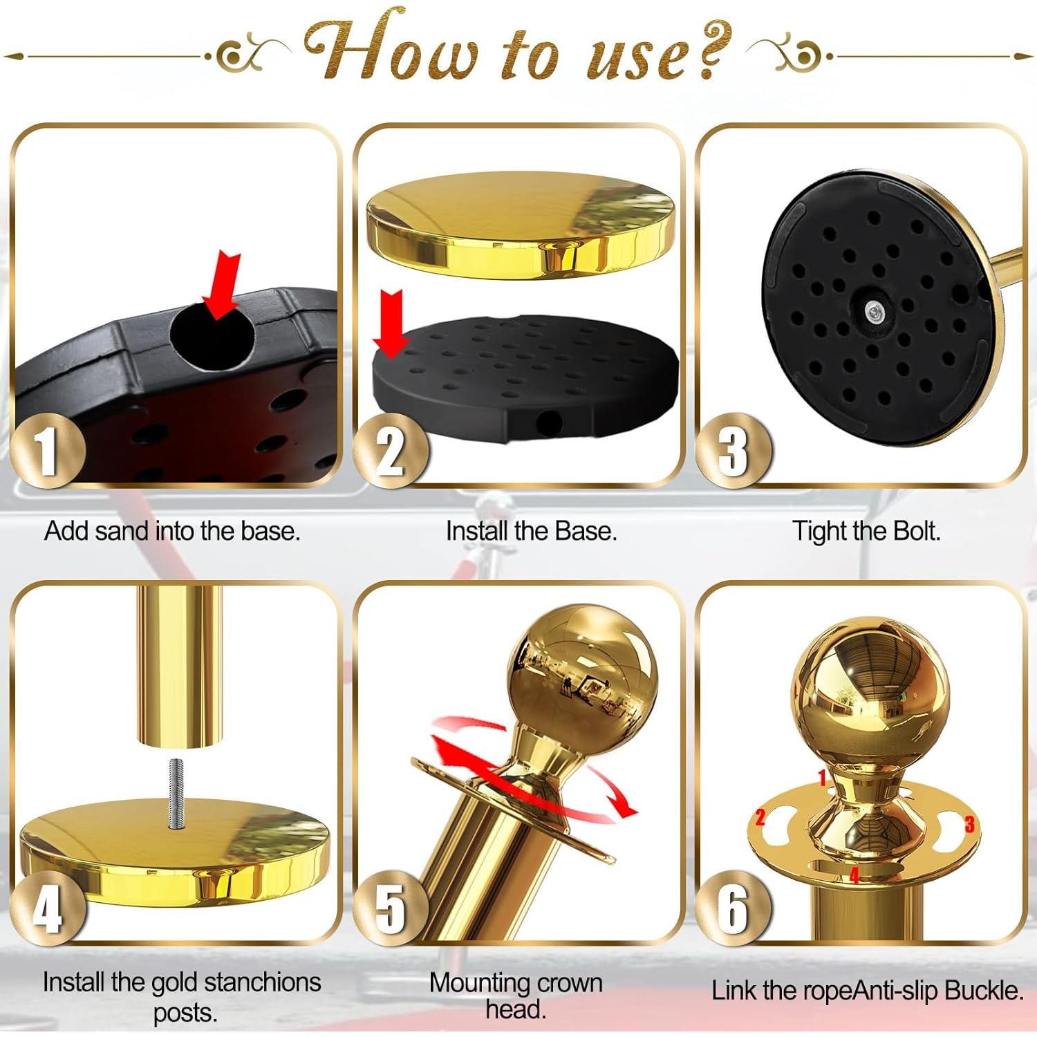 Conjunto 4 Postes Dorados con 3 Cuerdas Terciopelo Rojo 1.5m