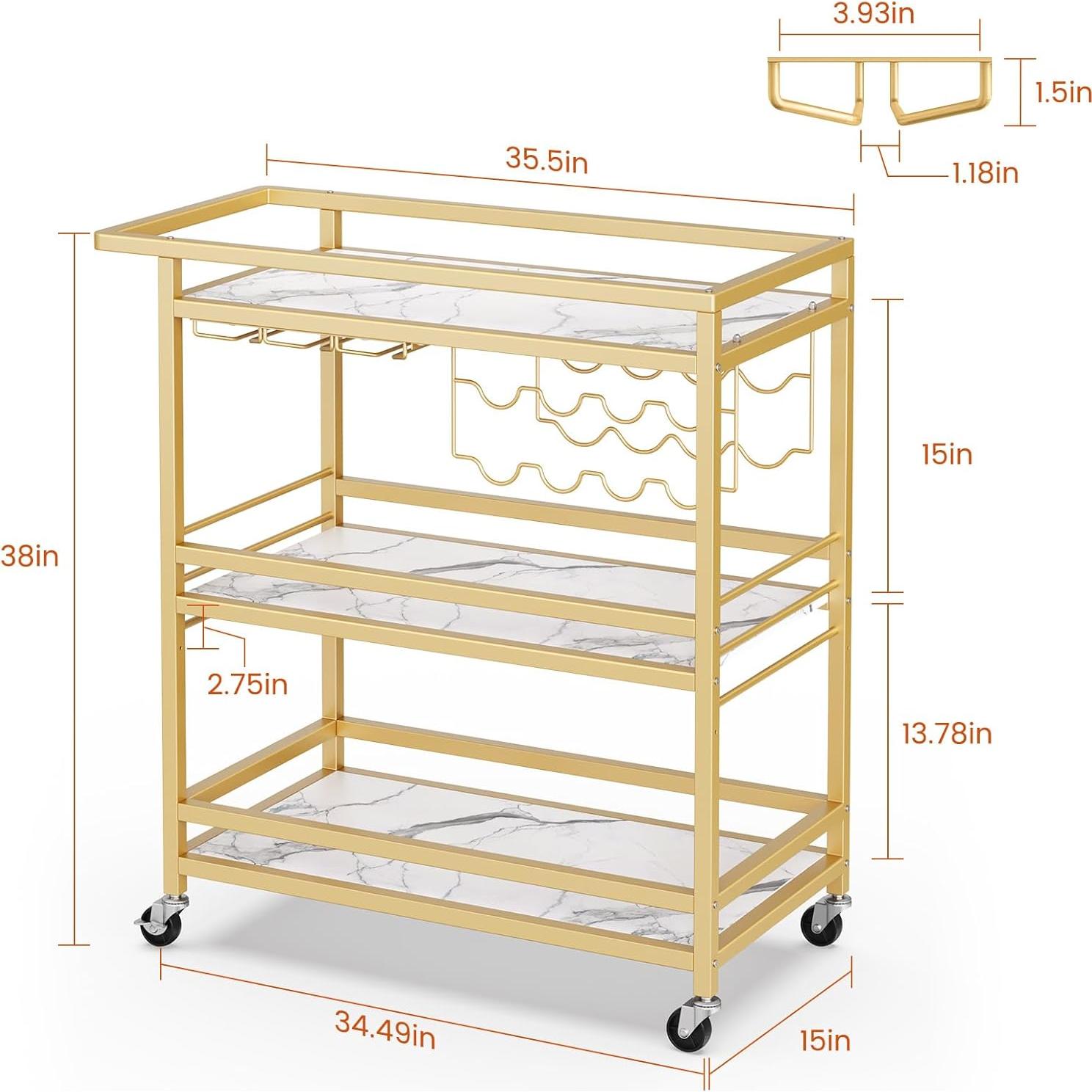 Carro de Bar Leteuke Dorado 3 Niveles con Ruedas 90x38cm