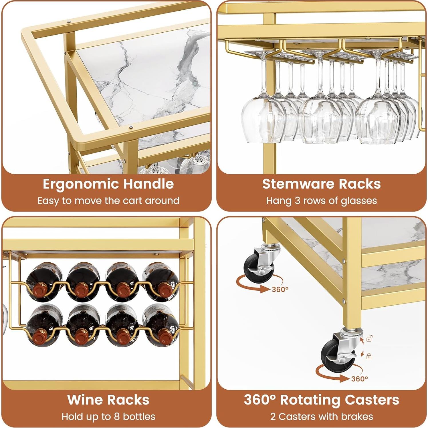 Carro de Bar Leteuke Dorado 3 Niveles con Ruedas 90x38cm