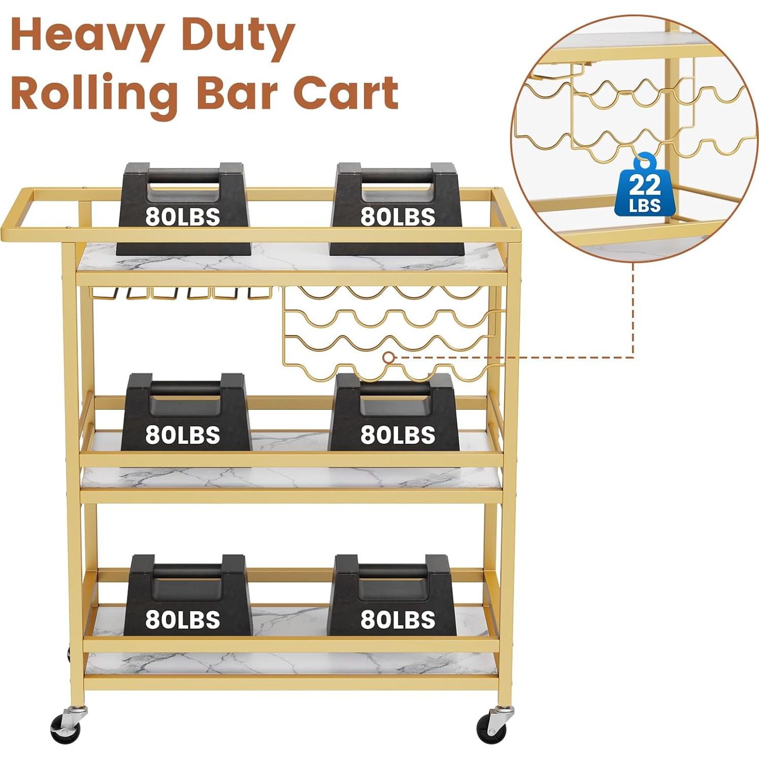 Carro de Bar Leteuke Dorado 3 Niveles con Ruedas 90x38cm