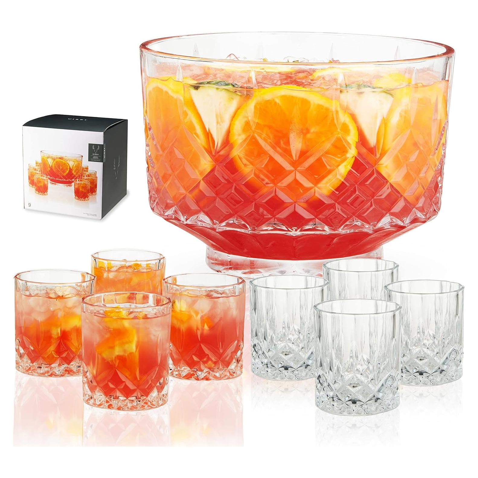 Juego de Tazón de Ponche Viski Admiral con 8 Vasos de Cristal