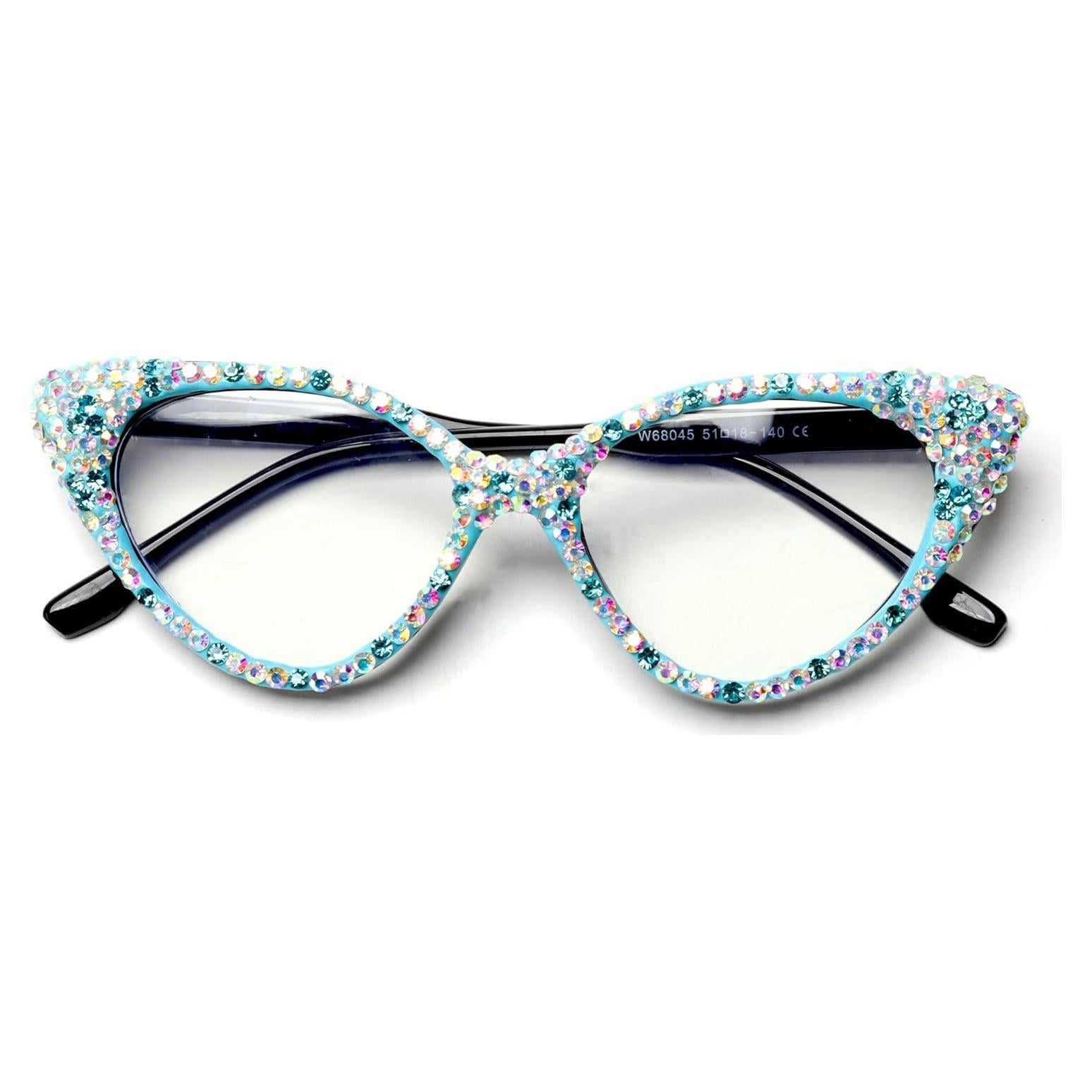 ICARA Bling Crystal Cat Eye Reading Glasses Rhinestone Blue Light Blocking Glasses for Women